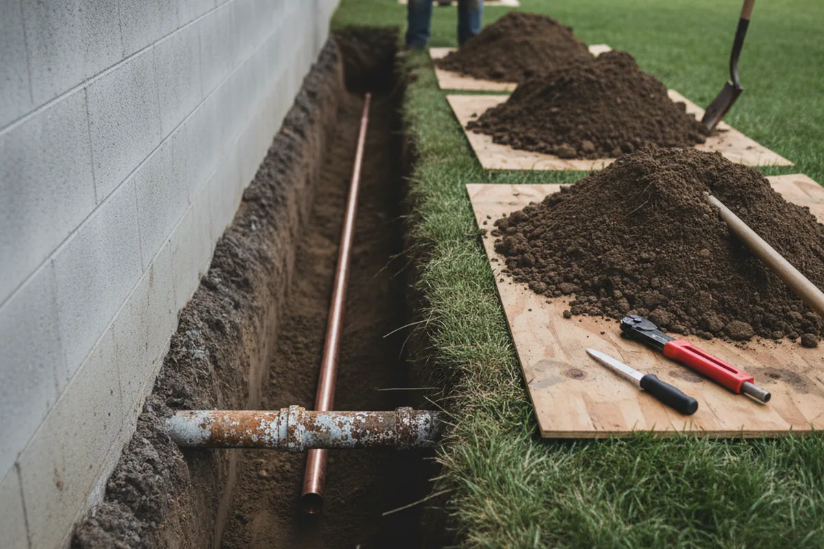 Excavated water line trench during Water Heater Repair in Guadalupe